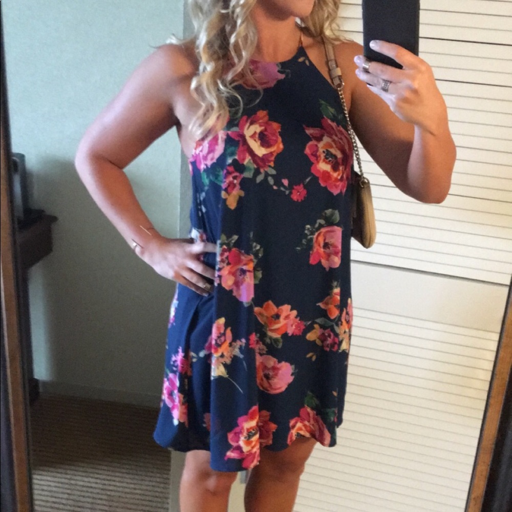 High neck strapless navy, floral dress
